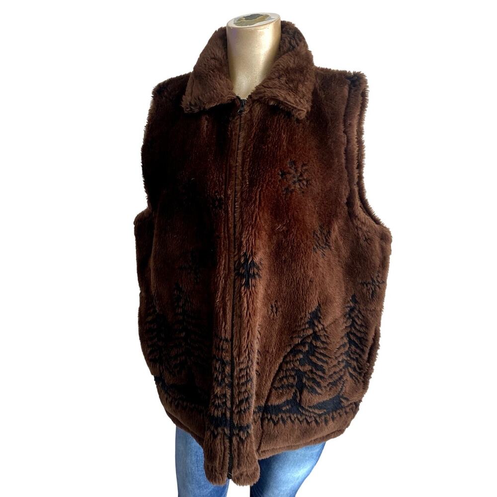 Vintage 90s Cobblestone Canyon Brown Pine Tree Fleece Vest Womens XL USA Made